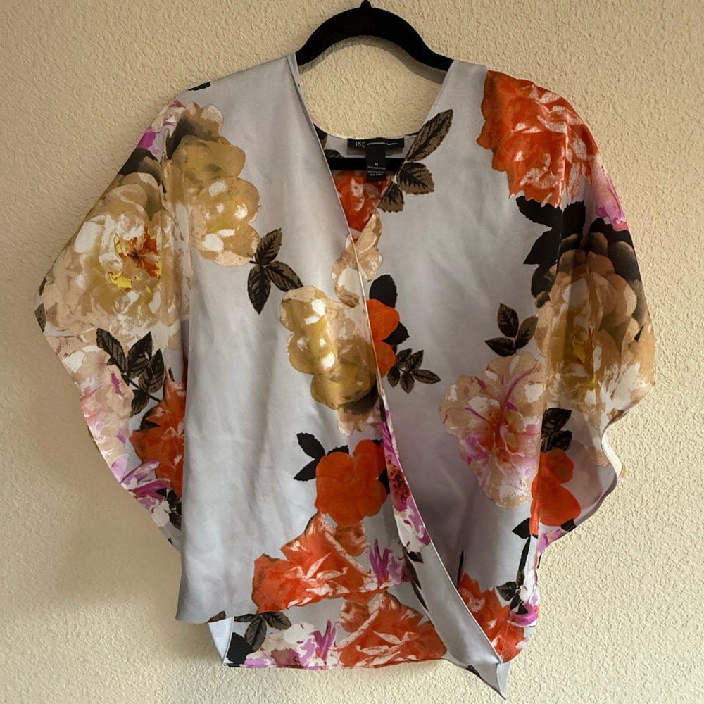 INC International Concepts Floral Wrap Blouse - Orange, Pink, Cream